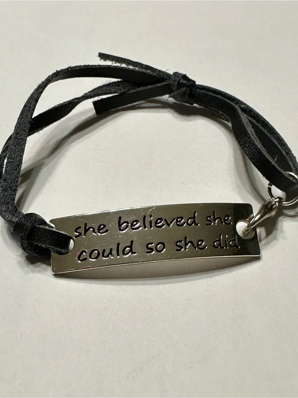 Inspirational 'She Believed She Could So She Did' Black Leather Bracelet